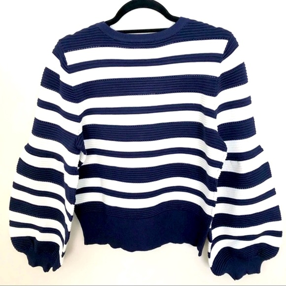 NEW INC Striped Navy Blue Balloon Sleeve Jewel Neck Sweater Rib Knit - Picture 6 of 6